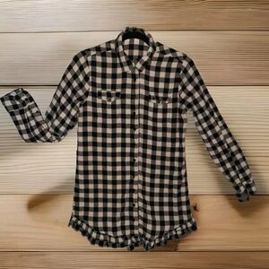 Night Shirt Womens Small Buffalo Check Flannel White and Black Frill Fringe